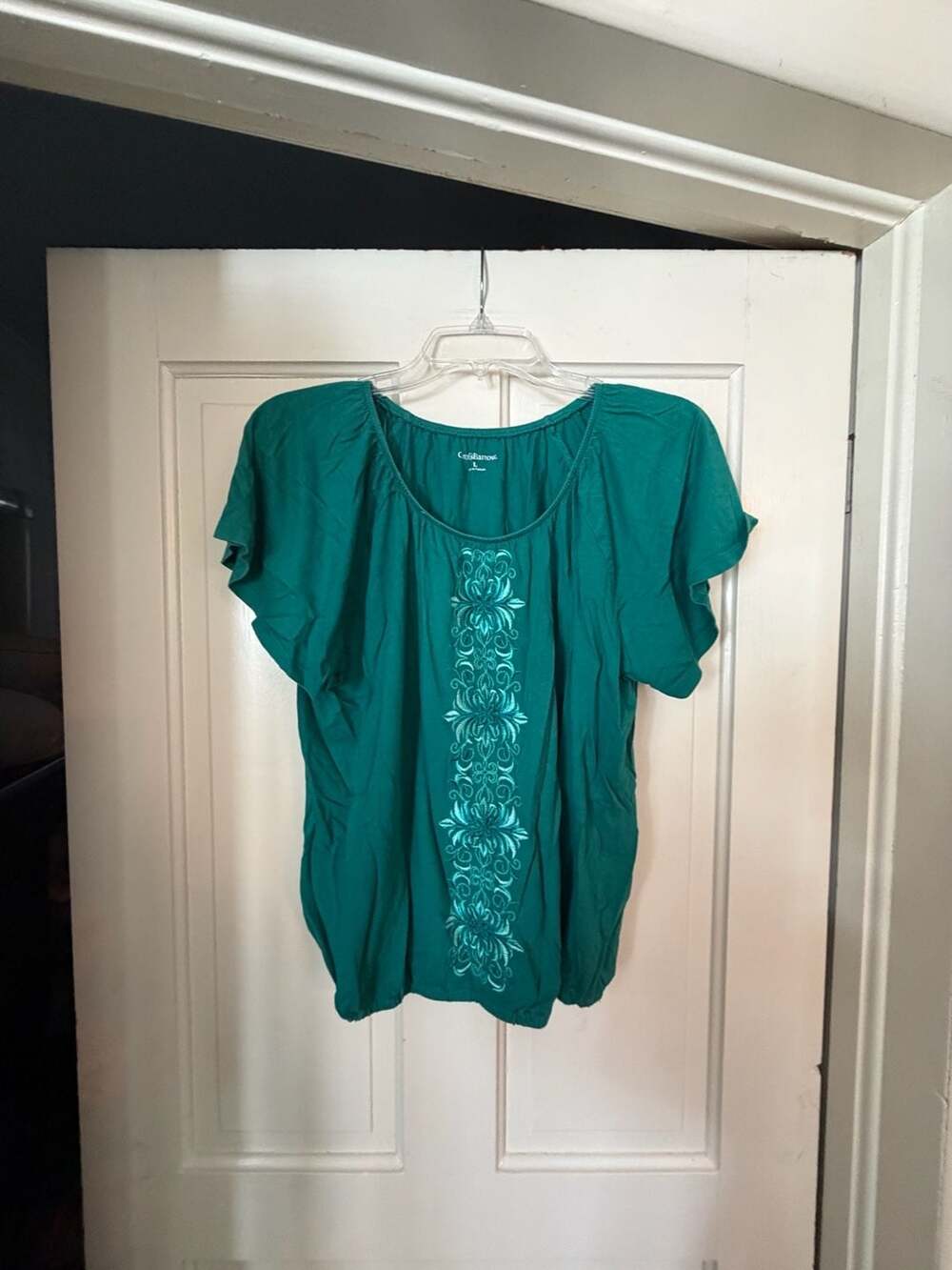 Croft & Barrow Embroidered Blouse Size L Teal Green Short Sleeve